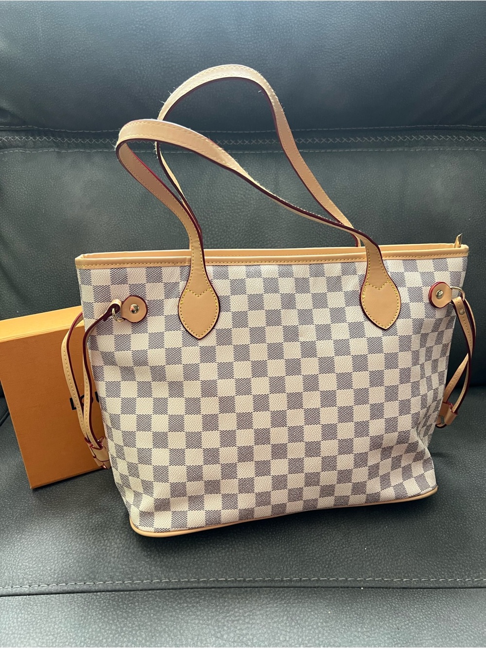 Designer-Inspired Checkered Tote Bag in White and Tan